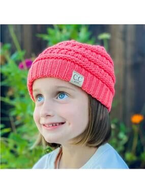 CC Pink Kids Cable Knit Beanie Hat Ribbed Knit Winter Beanie Hat Slouchy Fit OS